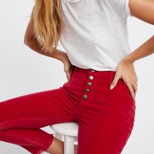 Free People Reagan red skinny jeans raw hem button front mid rise